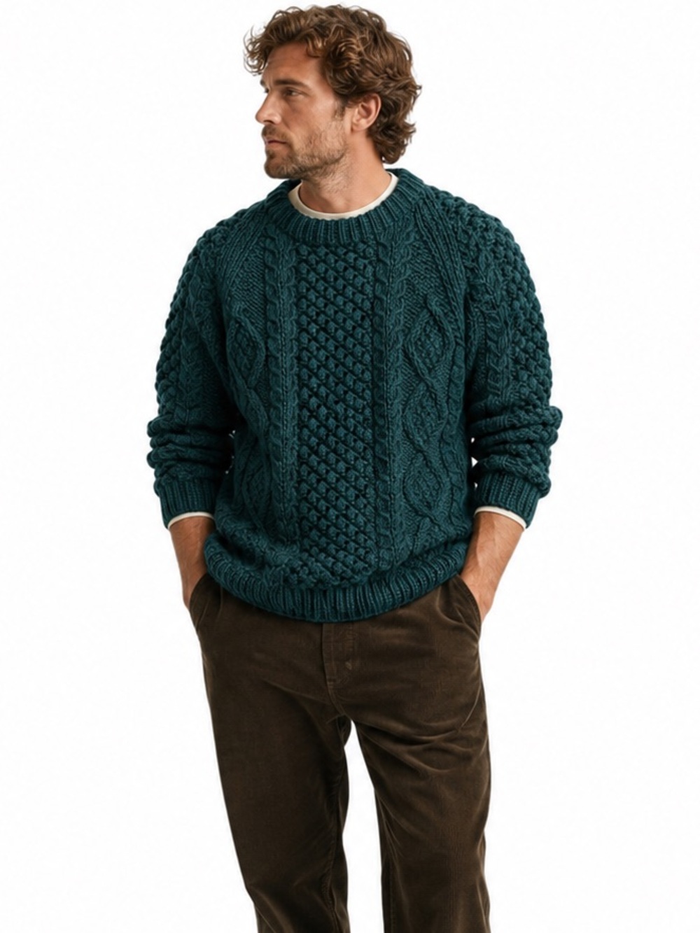 Vintage 100% Pure New Wool Cable Knit Fisherman Sweater Men’s L Emerald Green